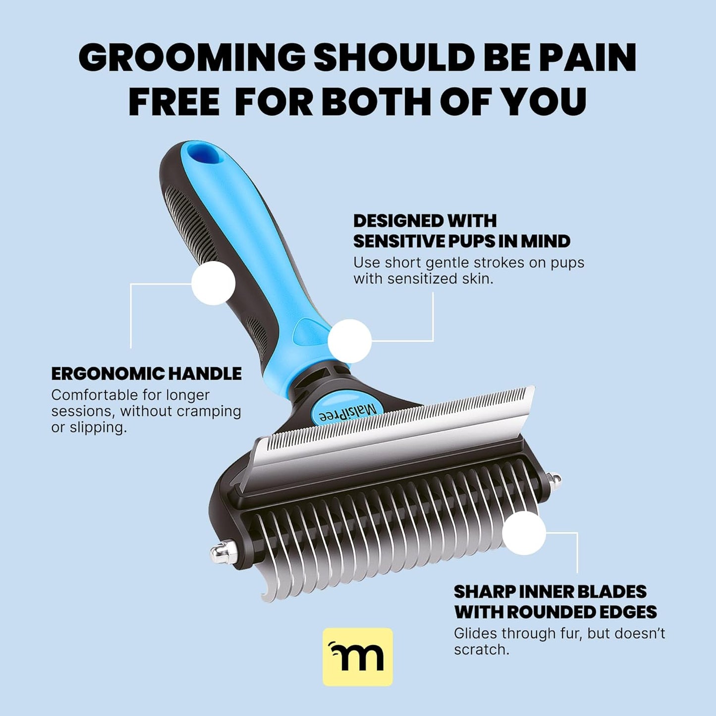 Malsipree Dog Brush for Shedding - Large, Blue, 2-In-1 - Deshedding Dog Grooming Brush & Undercoat Rake with Dematting Comb for Medium to Large Double Coated