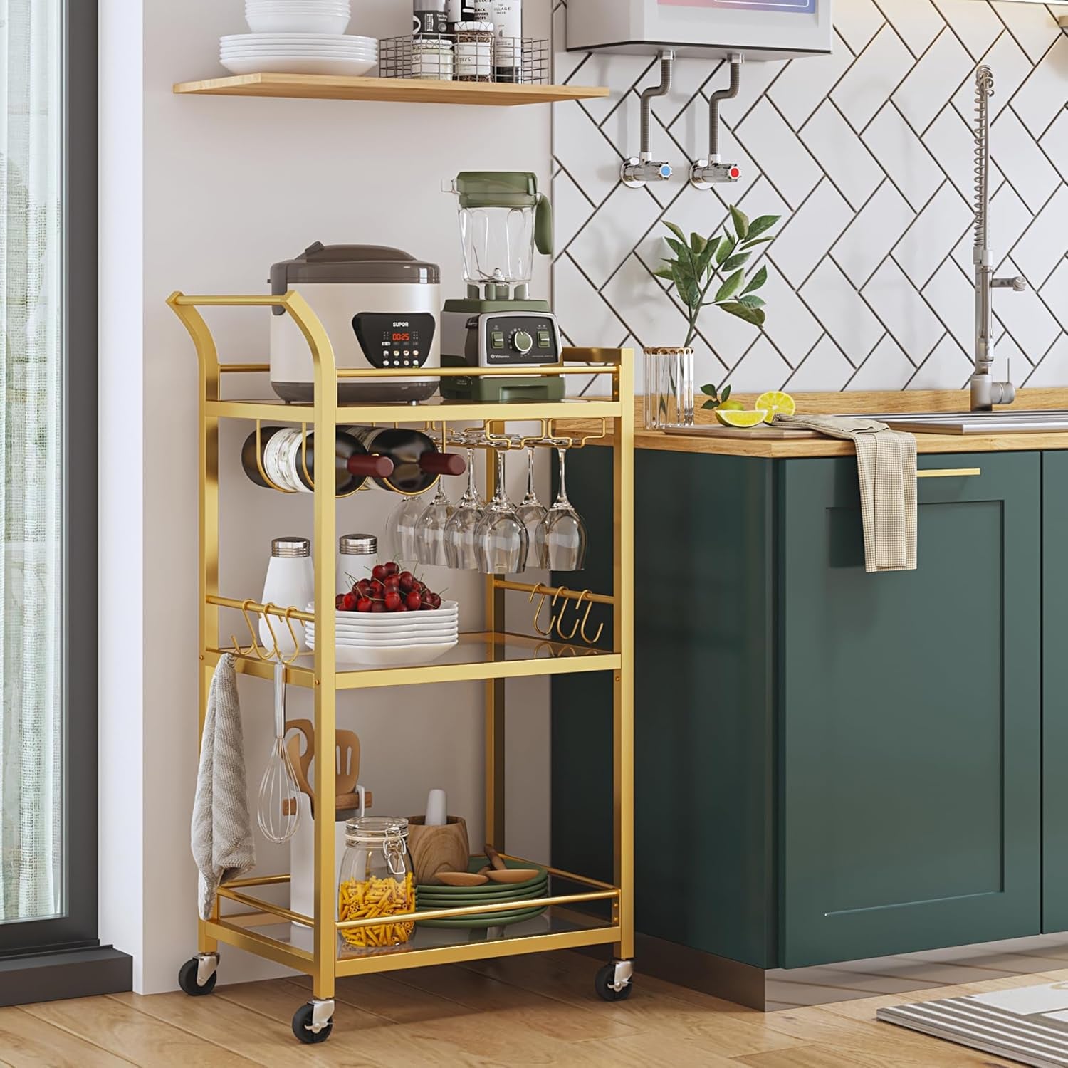 TUTOTAK Bar Cart, Home Bar Serving Cart with 3-Tier Mirrored Shelf, Wine Cart, Mobile Kitchen Shelf, Gold BC01BB034