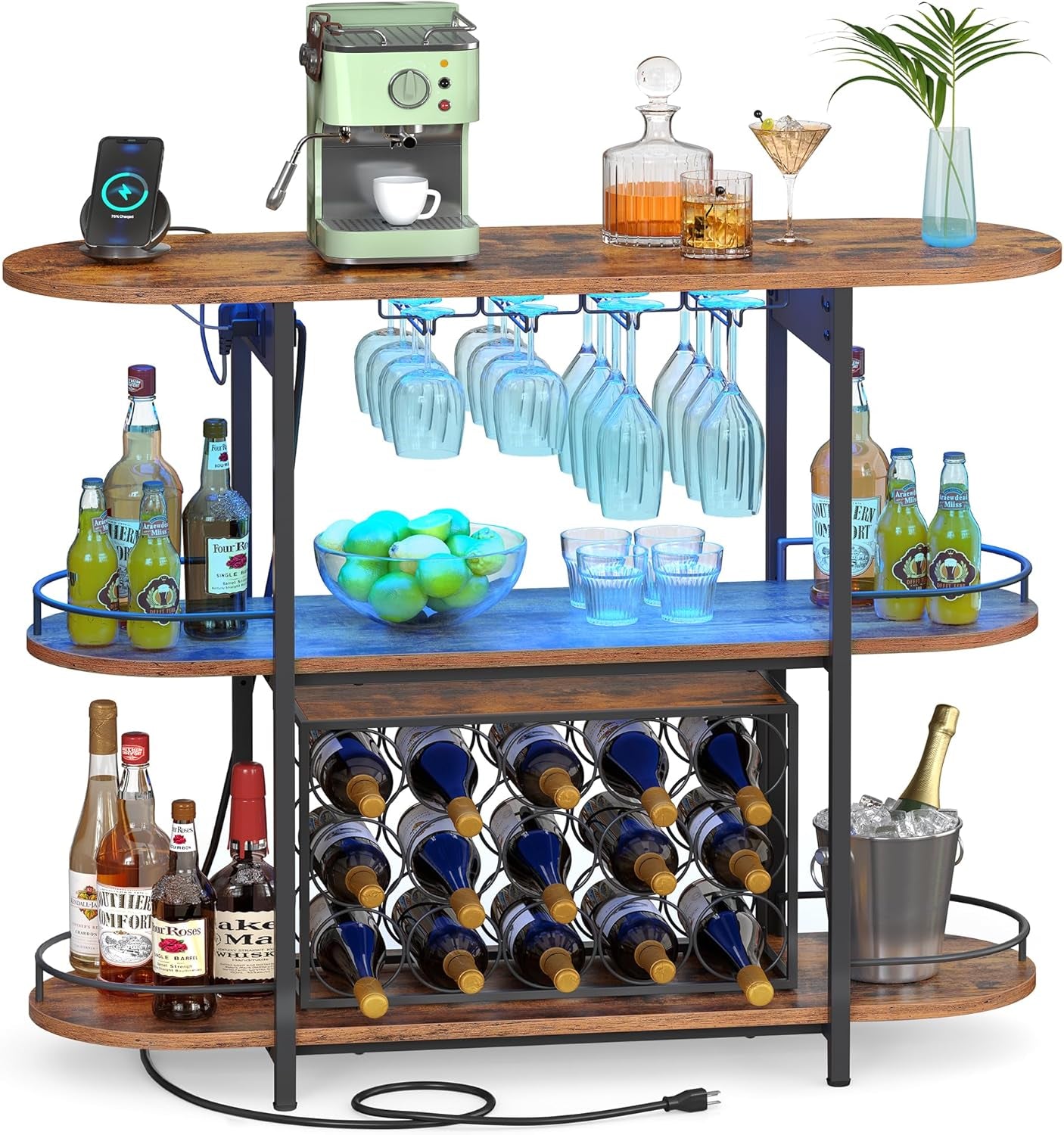 VASAGLE Bar Cabinet with LED Lights and Power Outlets, Freestanding Coffee Bar Wine Cabinet, Wine Rack, Glass Holder, Mini Bar for Liquor and Glasses, Kitchen, Dining Room, Rustic Brown ULWR007K01S