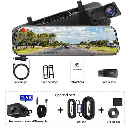 E-ACE 3K+2.5K DVR Mirror for 10"Dash Cam Recorder Optional Rear Camera Night Vision Hisllicon Chip GPS WIFI 24H Parking Monitor