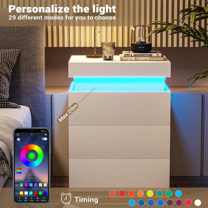 Bedroom Nightstand Charging Station LED Lights Sliding Top Drawers