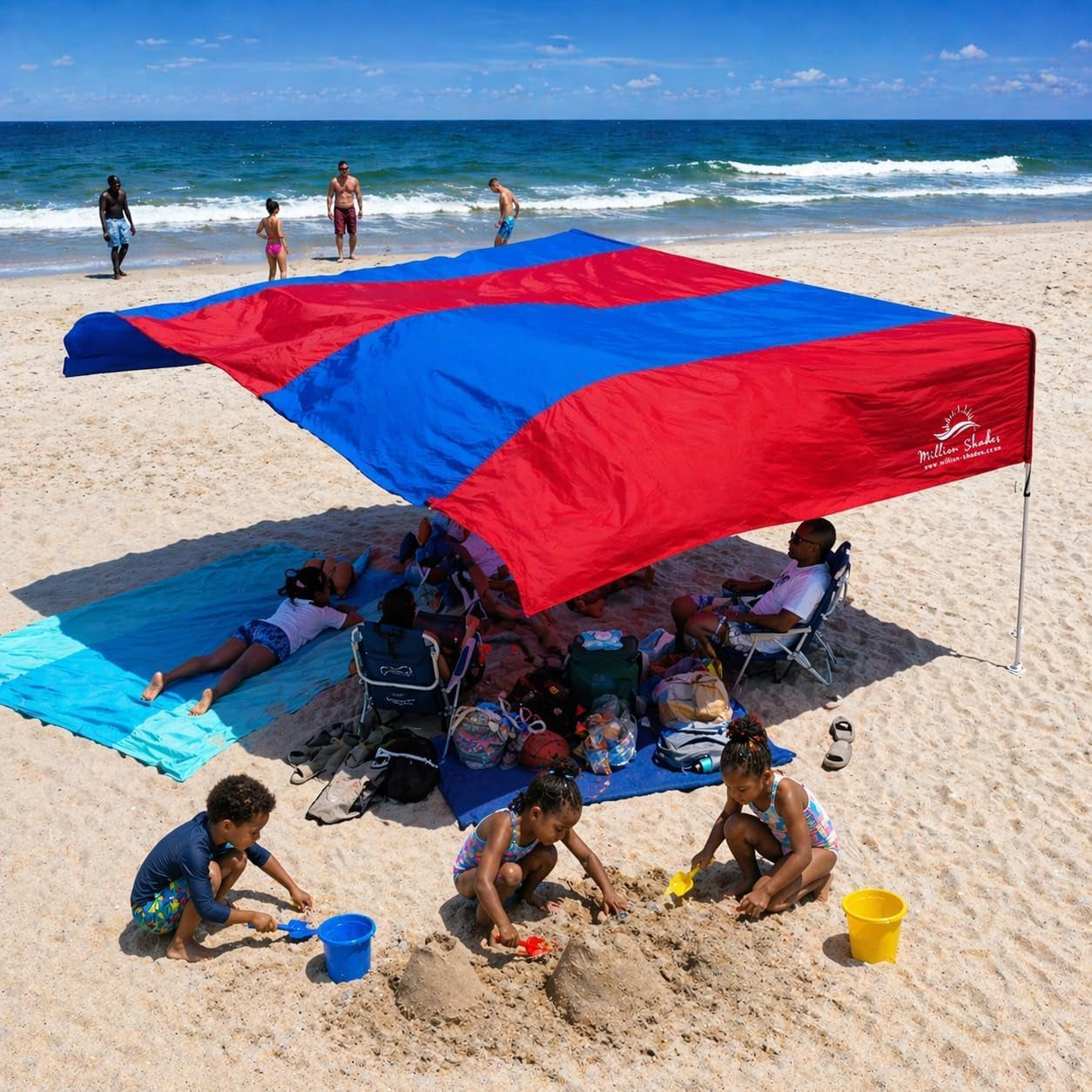 Millionshades® Beach Shade Sail – No Ropes, No Sandbags, Quiet in Wind, 8X8 Ft Wind-Propelled® Beach Shade Canopy, UPF 50+, Cozy for 2-3 People