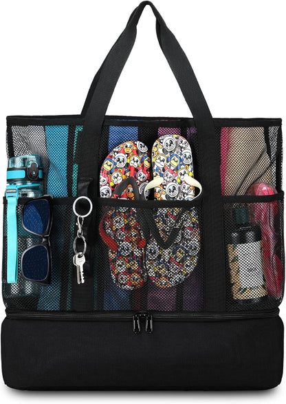 Beach Bag with Cooler,Mesh Beach Bags for Women Sandproof for Pool and Swimming Travel Daily with Durable 8 Pocket