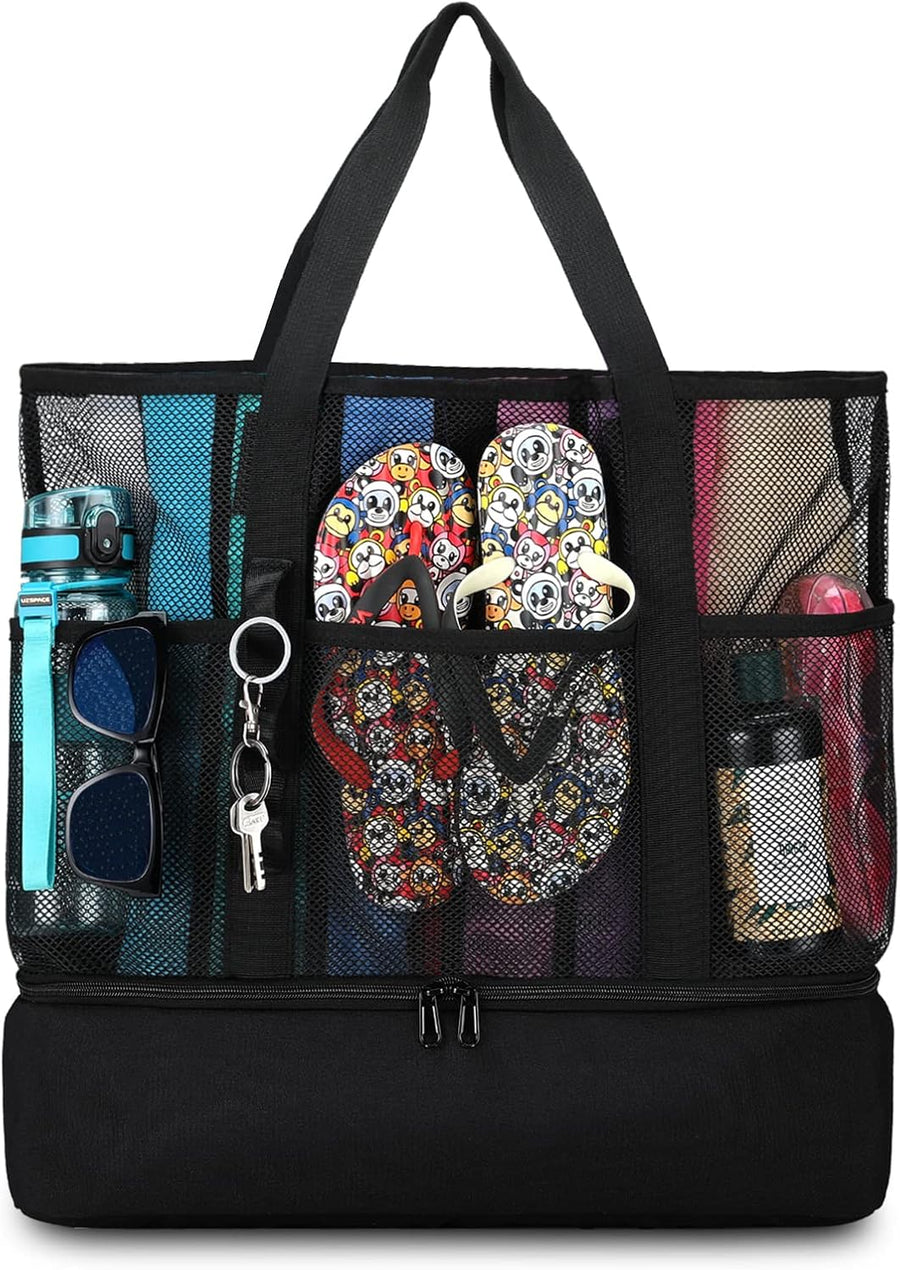 Beach Bag with Cooler,Mesh Beach Bags for Women Sandproof for Pool and Swimming Travel Daily with Durable 8 Pocket