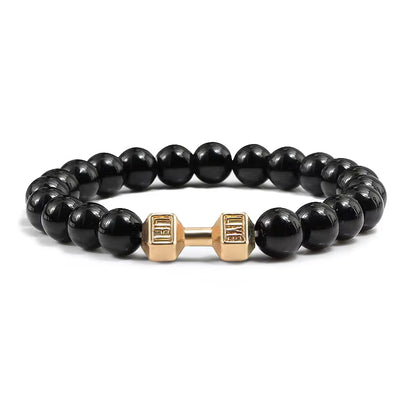 ForgeFit™ Volcanic Stone Fitness Bracelet / Natural Volcanic Stone Bracelet Men Matte Black Lave White Beads Charm Dumbbell Strand Bracelets Women Barbell Fitness Jewelry