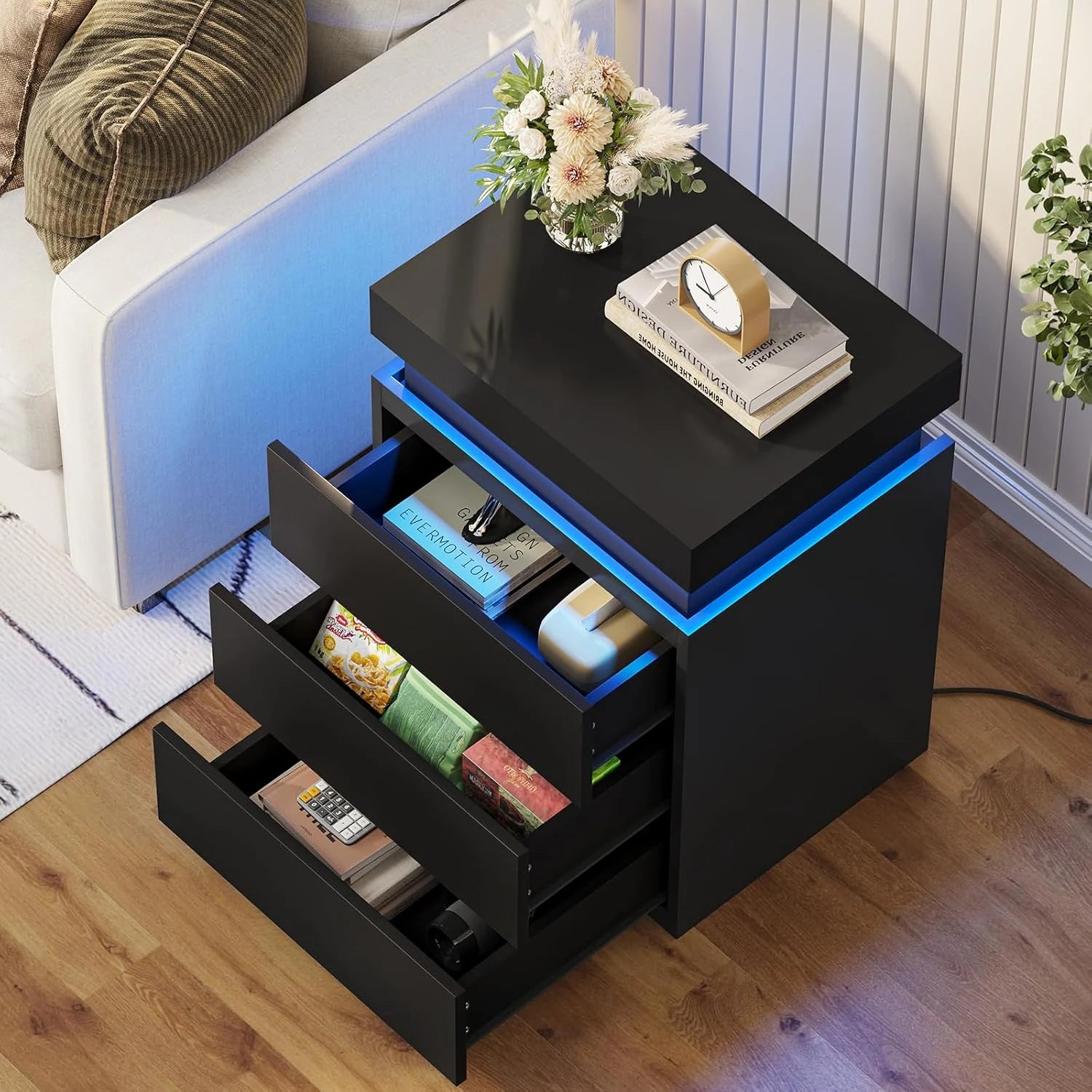 Bedroom Nightstand Charging Station LED Lights Sliding Top Drawers