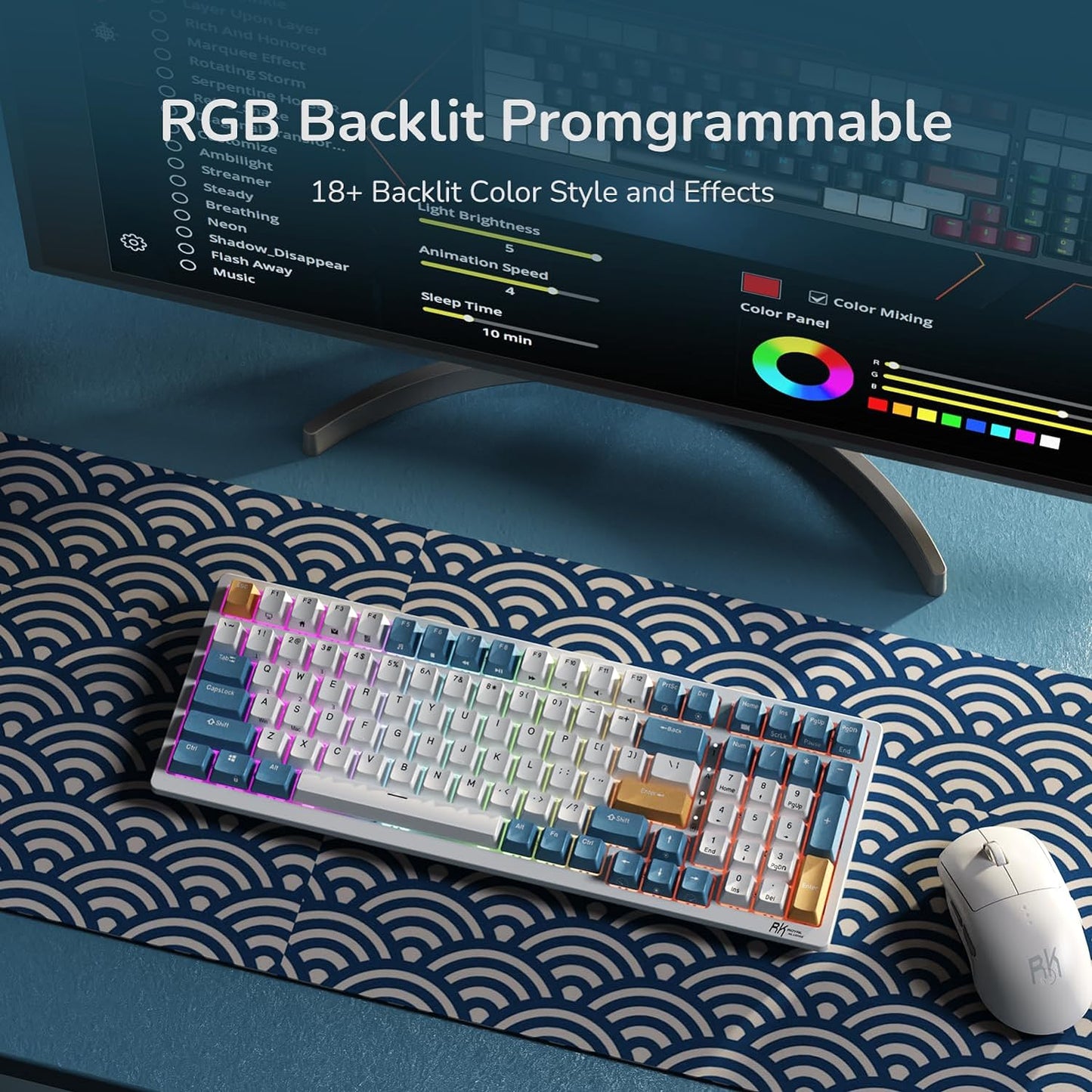 RK ROYAL KLUDGE RK98 Wireless Mechanical Keyboard, Tri-Mode 2.4G/BT5.1/USB-C Hot Swappable Full Size Keyboard, RGB Backlit Gaming Keyboard, Massive Battery Software Support, Brown Switch