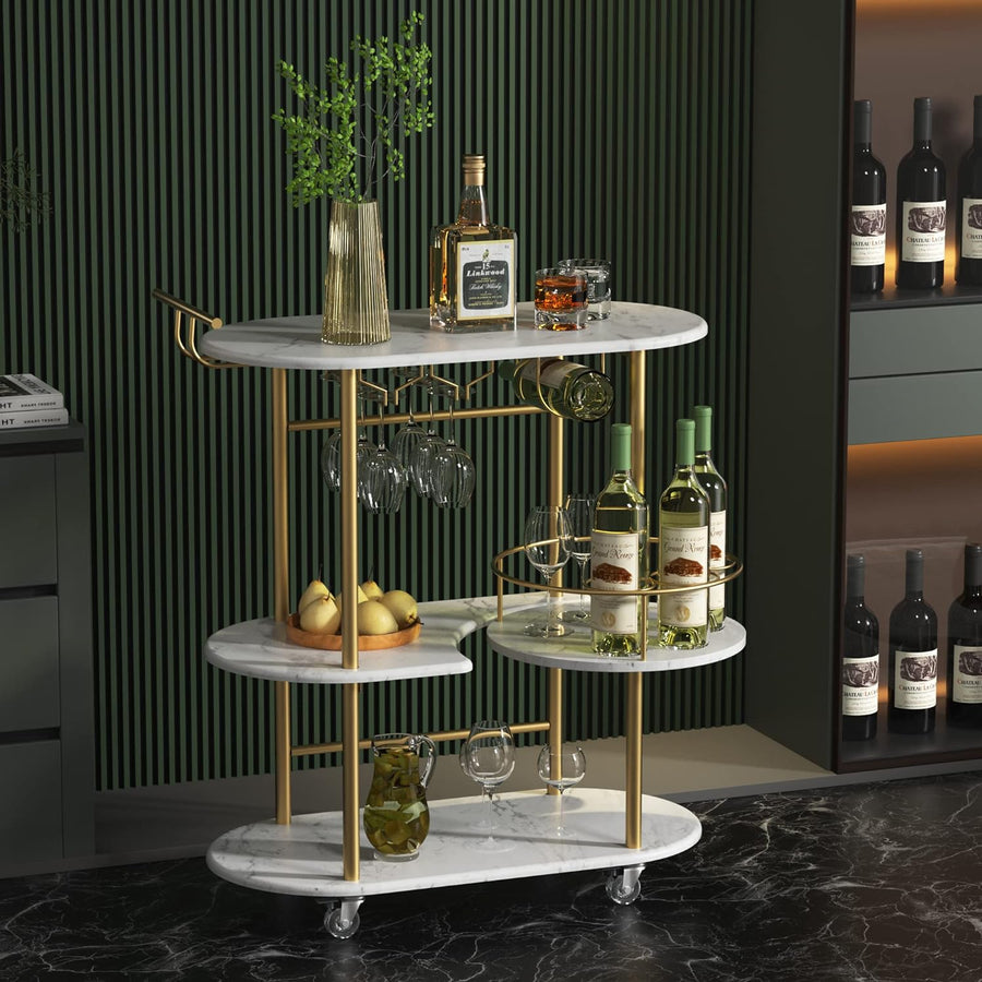 PAUKIN Gold Bar Carts with 4-Tier Storage Shelves, Mobile Bar Serving Cart with Wine Rack and Glass Holder, for the Home, Kitchen, Living Room, Dining Room