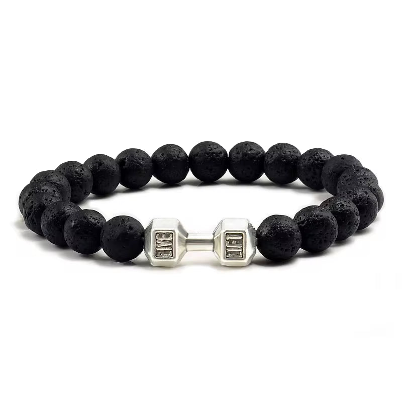 ForgeFit™ Volcanic Stone Fitness Bracelet / Natural Volcanic Stone Bracelet Men Matte Black Lave White Beads Charm Dumbbell Strand Bracelets Women Barbell Fitness Jewelry