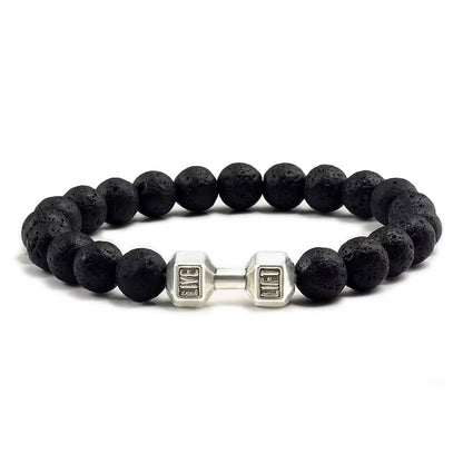 ForgeFit™ Volcanic Stone Fitness Bracelet / Natural Volcanic Stone Bracelet Men Matte Black Lave White Beads Charm Dumbbell Strand Bracelets Women Barbell Fitness Jewelry