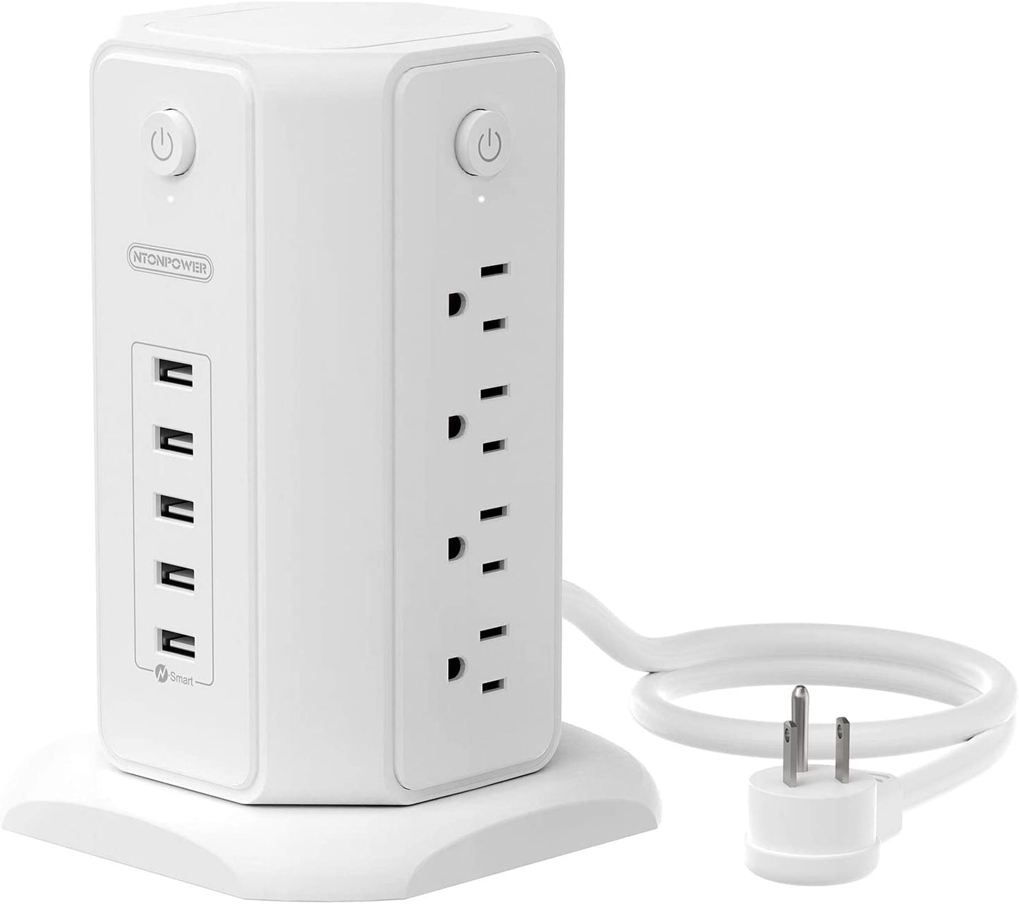 Power Strip Tower Surge Protector, NTONPOWER 8 Outlet 5 USB Desktop Charging Station 1625W 13A, 6Ft Extension Cord Flat Plug, Individual Switches, 1080 Joules, Overload Protection for Home Office
