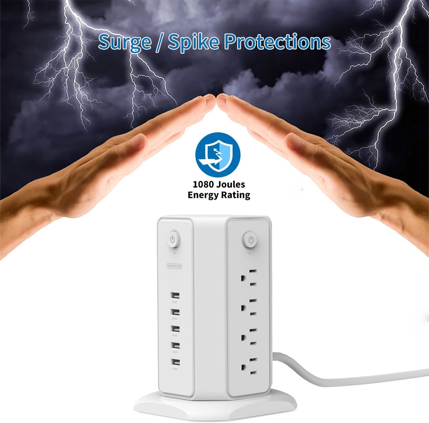 Power Strip Tower Surge Protector, NTONPOWER 8 Outlet 5 USB Desktop Charging Station 1625W 13A, 6Ft Extension Cord Flat Plug, Individual Switches, 1080 Joules, Overload Protection for Home Office