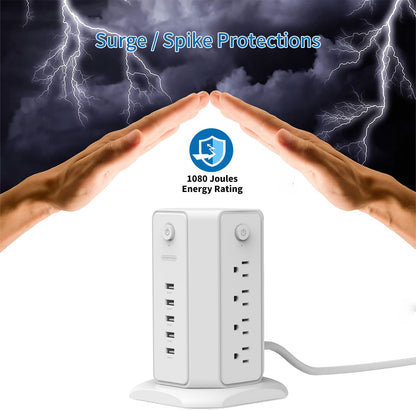 Power Strip Tower Surge Protector, NTONPOWER 8 Outlet 5 USB Desktop Charging Station 1625W 13A, 6Ft Extension Cord Flat Plug, Individual Switches, 1080 Joules, Overload Protection for Home Office