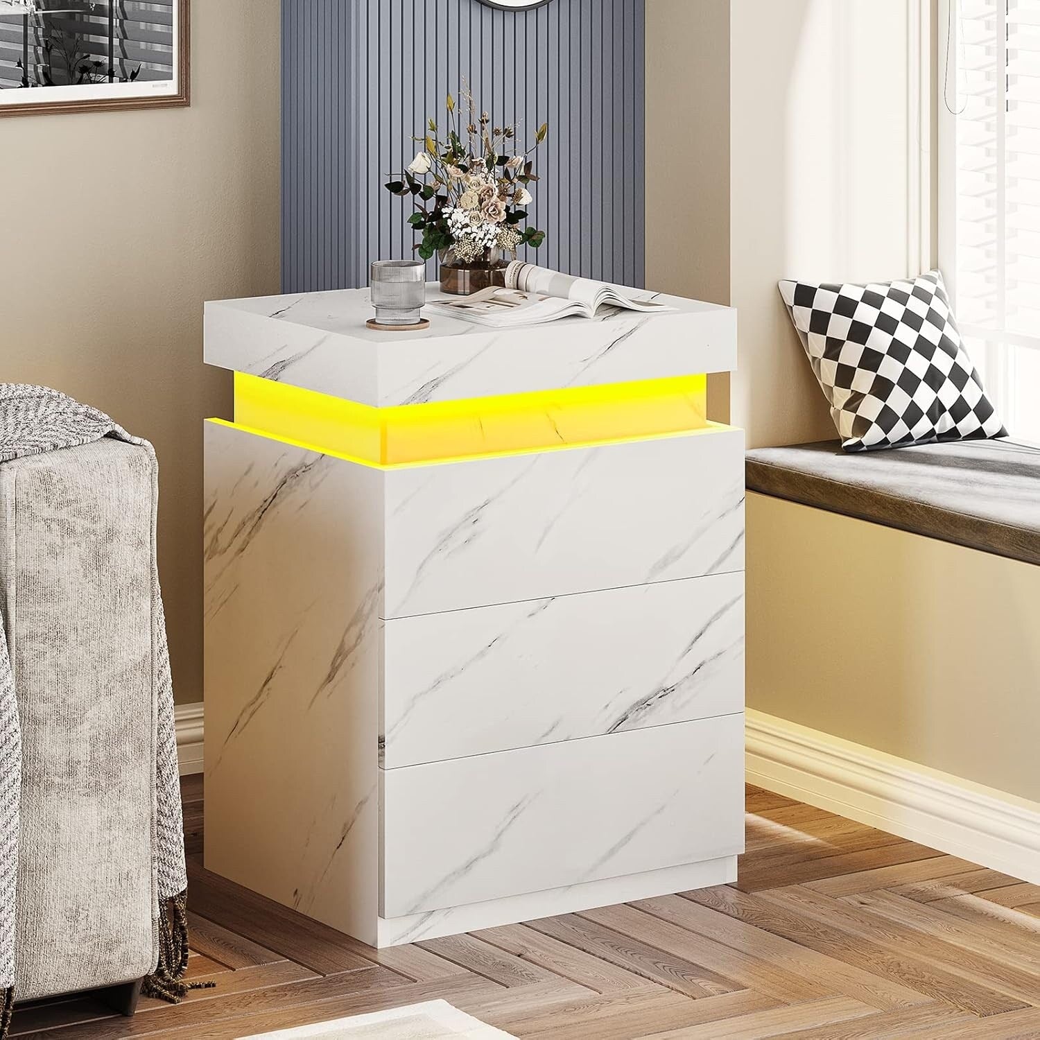 Bedroom Nightstand Charging Station LED Lights Sliding Top Drawers