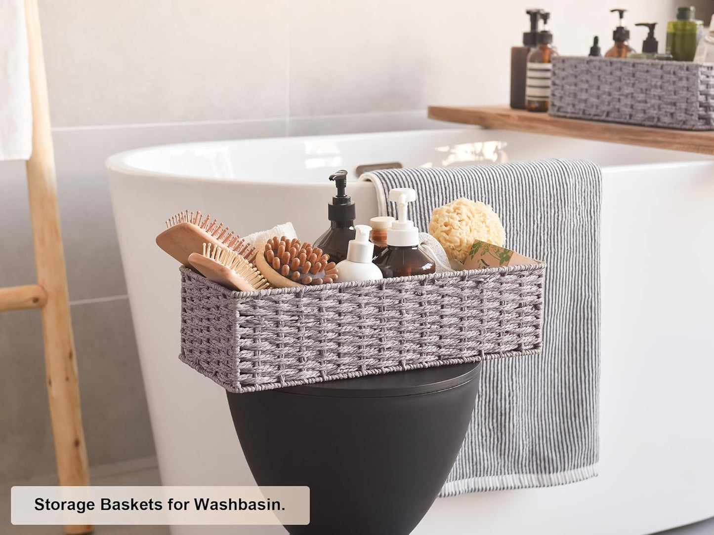 Storageworks round Paper Rope Toilet Tank Topper Basket, Wicker Basket for Bathroom, Gray, 2-Pack