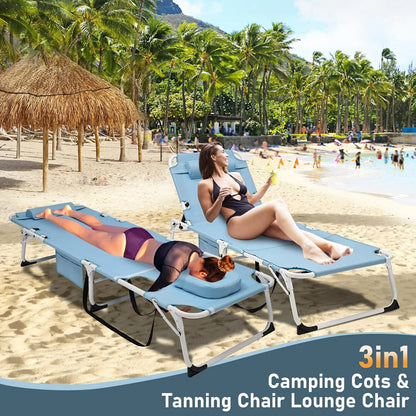 Slsy 3 in 1 Sun Tanning Chair Oversized with Mat & Face Arm Hole, 5-Position Heavy Duty Folding Chaise Outdoor Lounge Chair W/ Pillow, for Beach, Pool, Lawn, Yard, Patio