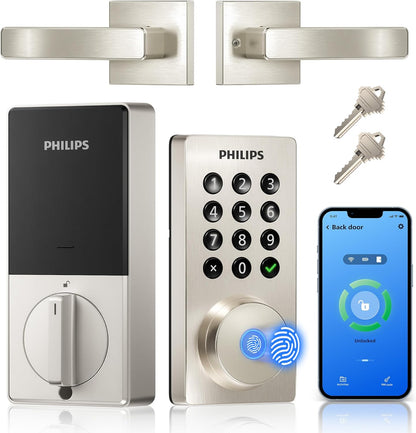 Philips Wifi Keypad Door Lock with Handle, Built-In Wifi, APP Remote Control, Voice & Fingerprint Unlock, Smart Locks for Front Door with Auto Lock, Digital Front Door Lock Set, Keyless Entry Deadbolt