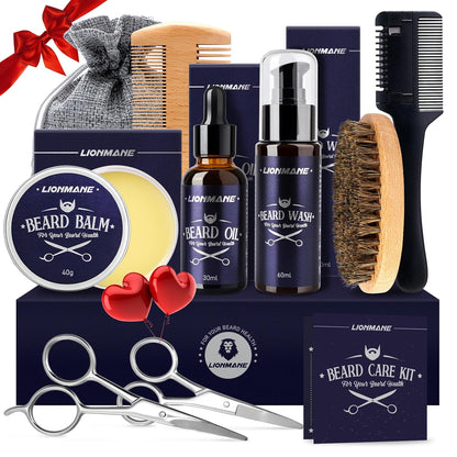 Lionmane Beard Care Gifts Kit for Men - Beard Mustache Grooming Kit | Beard Balm, Beard Wash, Beard Oil, Brush, Scissors - Birthday Anniversary Gifts for Husband/Boyfriend/Dad/Him