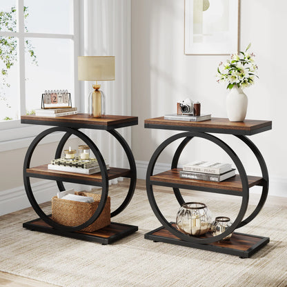 Narrow End Table with 3 Storage Shelves, Wood Side Table for Living Room