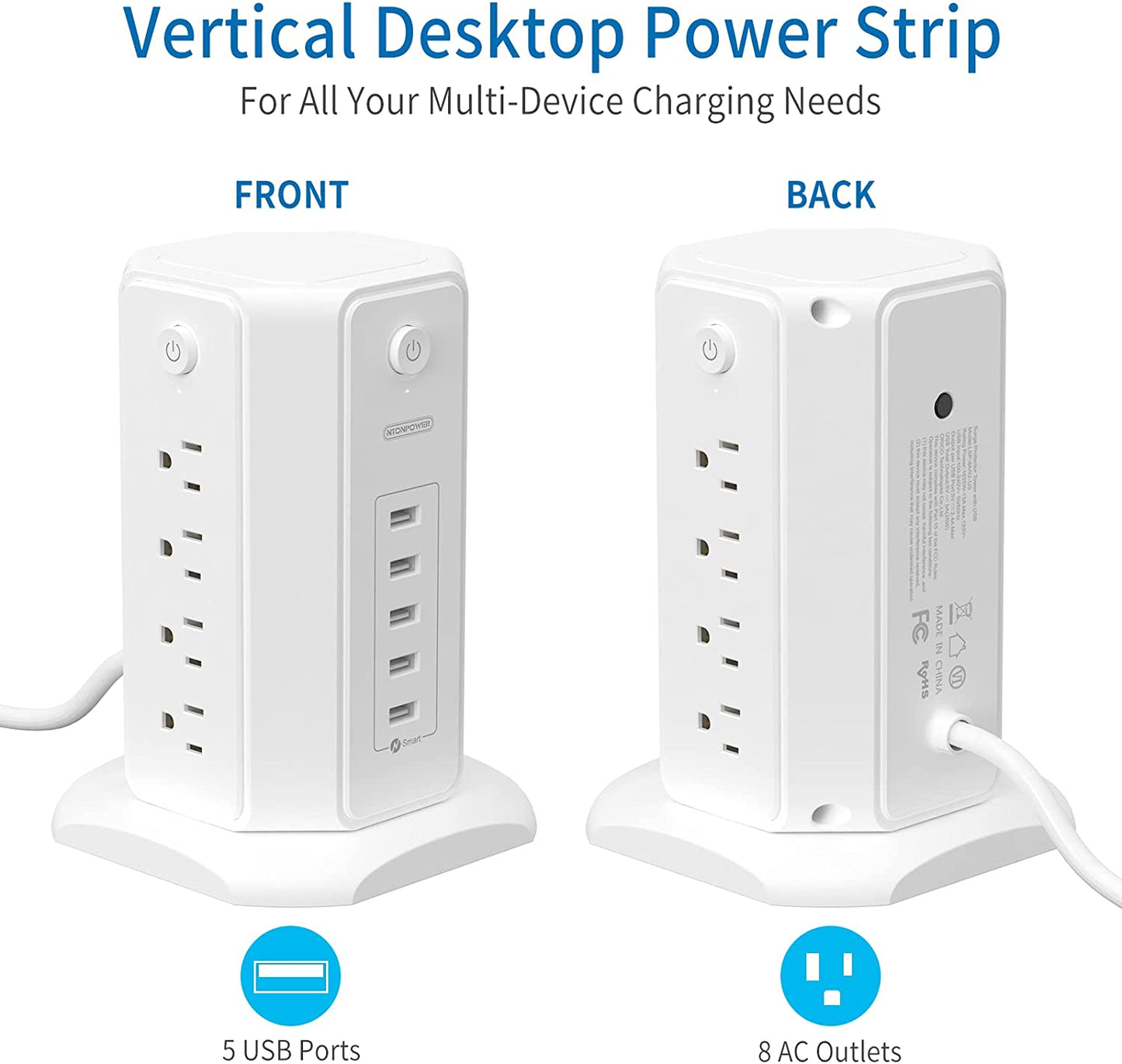 Power Strip Tower Surge Protector, NTONPOWER 8 Outlet 5 USB Desktop Charging Station 1625W 13A, 6Ft Extension Cord Flat Plug, Individual Switches, 1080 Joules, Overload Protection for Home Office