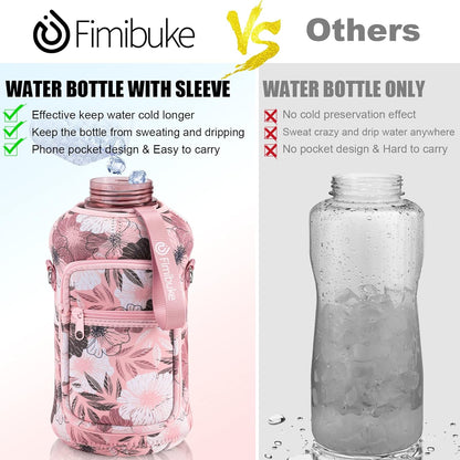 Fimibuke Half Gallon Water Bottle with Sleeve 64 OZ Water Bottle with Handle & Straw Leakproof Motivational Sports Gym Water Bottle with Time Marker BPA Free Water Jug with Reusable Neoprene Holder