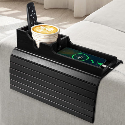 Yoshiky Bamboo Couch Armrest Table, Couch Arm Tray with Removable Couch Cup Holder, 2 in 1 Design Foldable Anti-Slip Bamboo Couch Tray and Sofa Cup Holder for Drink