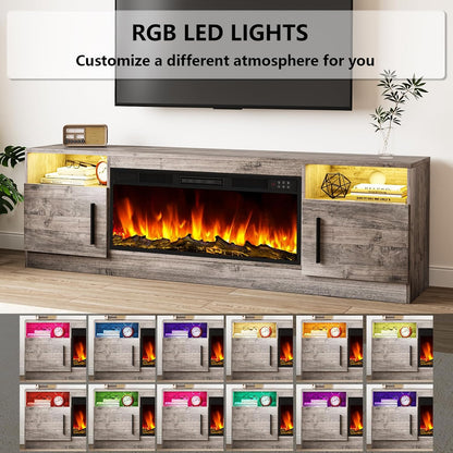 Tavata Fireplace TV Stand Entertainment Center with 36" Fireplace, 70" Wooden TV Console for Tvs up to 80", Modern TV Stands for Living Room with High Gloss Storage Cabinet and LED Lights (Grey)