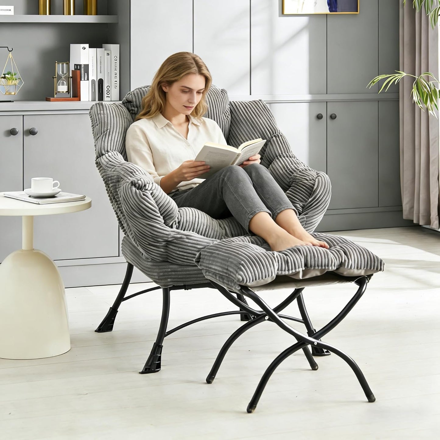 Bellemave Lazy Chair with Ottoman, Lounge Accent Chair with Armrests and Side Pocket, Leisure Upholstered Sofa Chairs with Footrest for Small Space, Reading Chairs for Living Room, Bedroom (Grey)