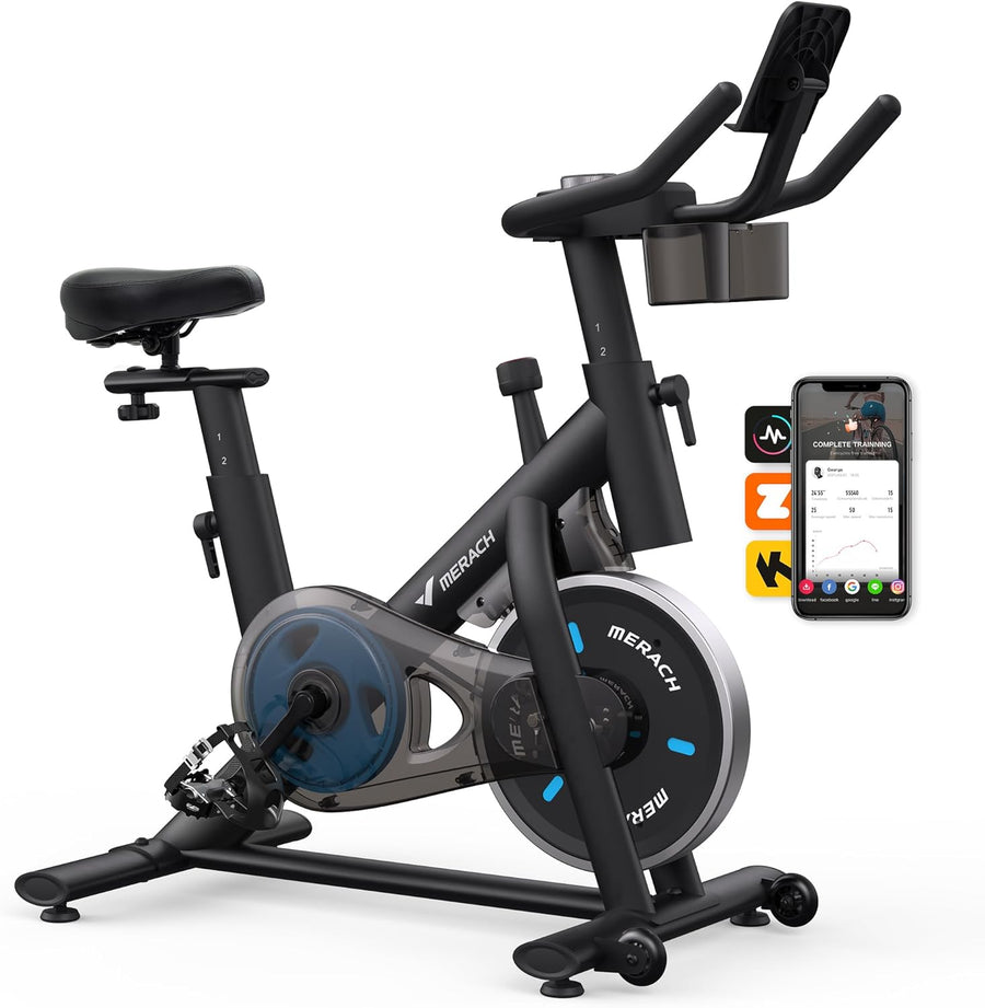 MERACH Exercise Bike, Brake Pad Stationary Bike with Exclusive App, Low Noise Indoor Cycling Bike with 300Lbs Weight Capacity, Tablet Mount and Fitness Courses for Weight Loss