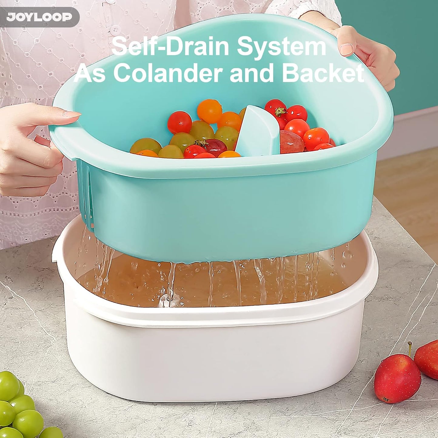 JOYMOOP JOYLOOP Fruit Cleaner Spinner, Large Produce Rinse Bowl with Drain Basket, Vegetable Scrubber for Berries, Grapes, Salad and Vegetables