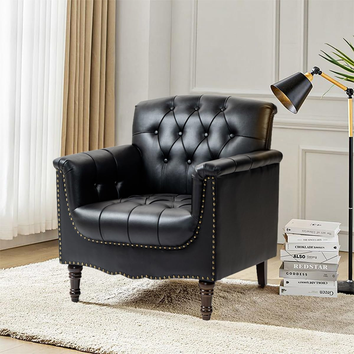 DREAMSIDEA Faux Leather Accent Chair, PU Leather Modern Comfy Upholstered Armchair with Wood Legs & Nailhead Trim for Living Room, Bedroom (Black,Set of 2)
