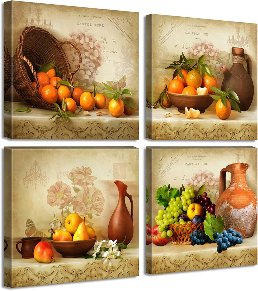 Jiazugo Kitchen Wall Decor Canvas Art for Dining Room Vintage Theme Fruit Pictures Farmhouse Rustic Signs Paintings Bar Accessories Realism Colorful Framed Decorations 4 Pcs/Set