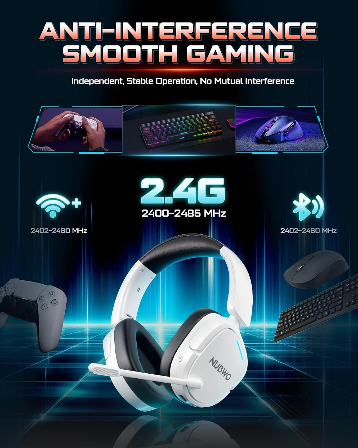 NUBWO Wireless Gaming Headset for PC, PS5, PS4, Connect to Game & Phone Simultaneously (2.4Ghz + Bluetooth), 3 EQ Modes, 50H Battery, PS5 Headset with Mic, Lightweight Foldable Headphones White/Black