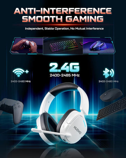 NUBWO Wireless Gaming Headset for PC, PS5, PS4, Connect to Game & Phone Simultaneously (2.4Ghz + Bluetooth), 3 EQ Modes, 50H Battery, PS5 Headset with Mic, Lightweight Foldable Headphones White/Black