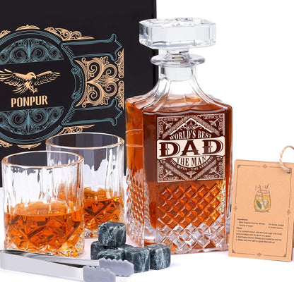 Gift Whiskey Decanter Set with 2 Glasses, Unique Cool Dad Birthday Gift from Daughter Son, Best Christmas Retirement Present for Man Father