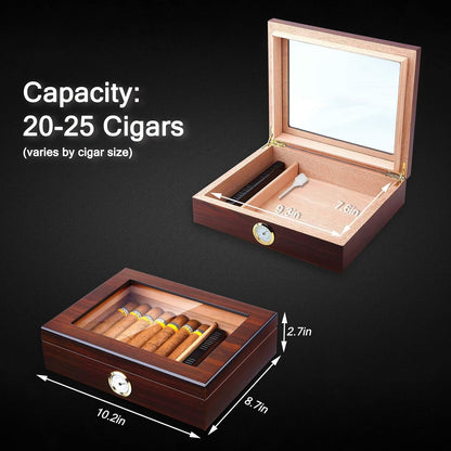 Handmade Cigar Humidor, Cedar Cigar Desktop Box with Humidifier and Hygrometer, Glass Top for 25 Cigars (20-25 Cigars)