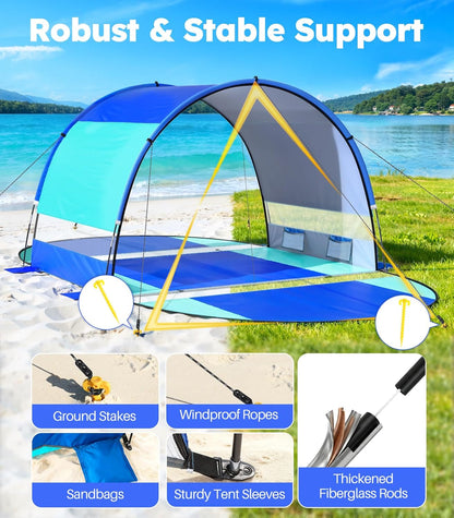 Rhino Valley Beach Tent with Double Zippered Doors, Beach Tent Sun Shelter with UPF50+ UV Protection, Beach Canopy Portable Storage Bag for Beach Camping Fishing, for 2-3 People