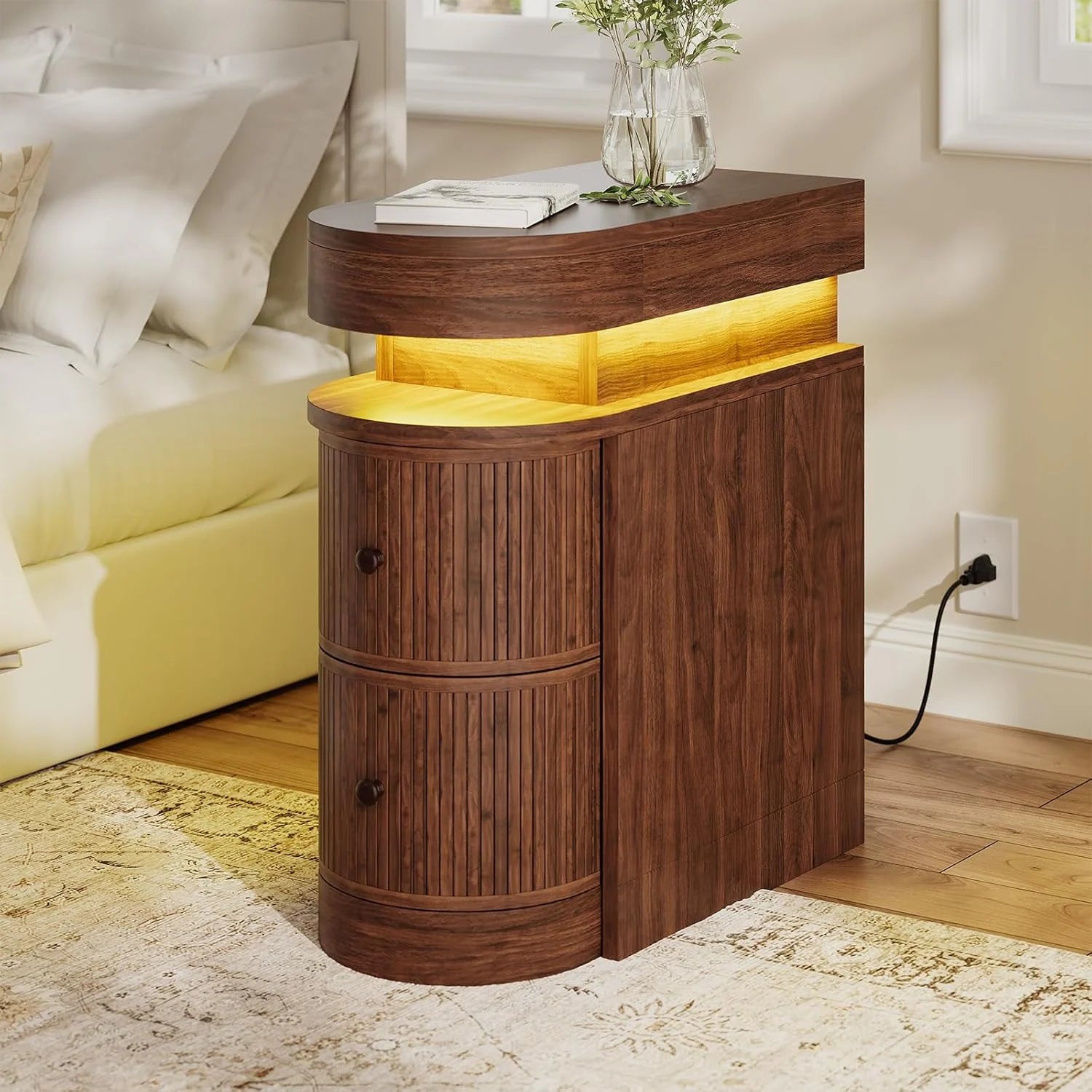Bedroom Nightstand Charging Station LED Lights Sliding Top Drawers