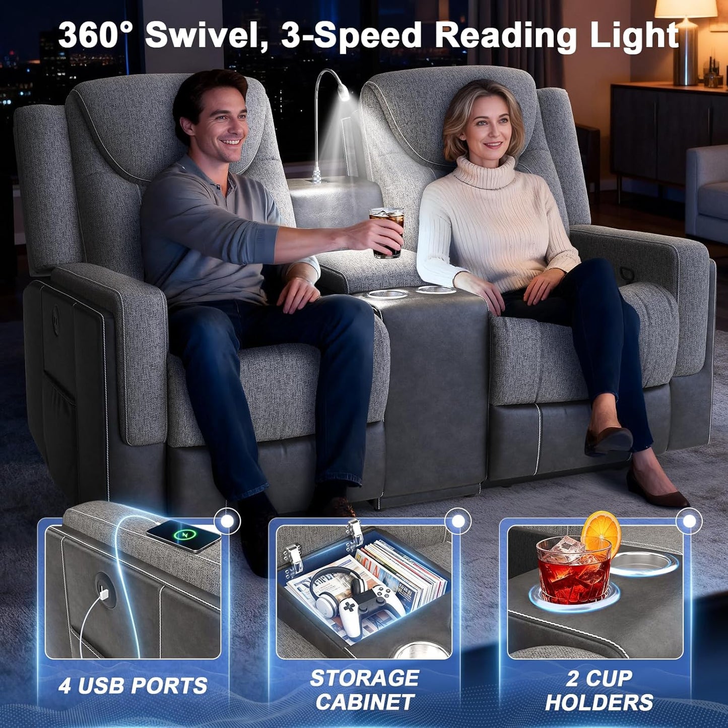 Duitrc Manual Loveseat Recliner Sofa, Home Theater Seating with Touch Reading Light, Console with Cup Holders & Storage, USB Ports, 2 Seater Reclining Couch for Living Room, RV, Home Theater