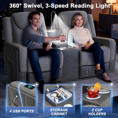 Duitrc Manual Loveseat Recliner Sofa, Home Theater Seating with Touch Reading Light, Console with Cup Holders & Storage, USB Ports, 2 Seater Reclining Couch for Living Room, RV, Home Theater