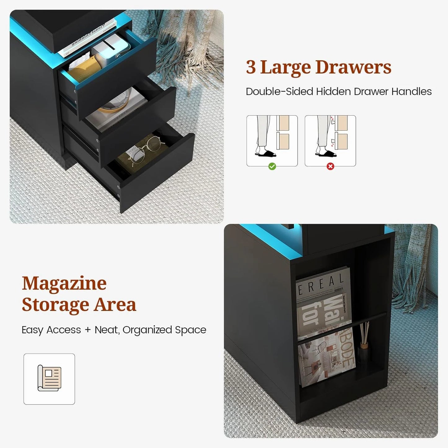 Bedroom Nightstand Charging Station LED Lights Sliding Top Drawers