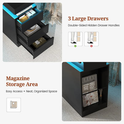 Bedroom Nightstand Charging Station LED Lights Sliding Top Drawers