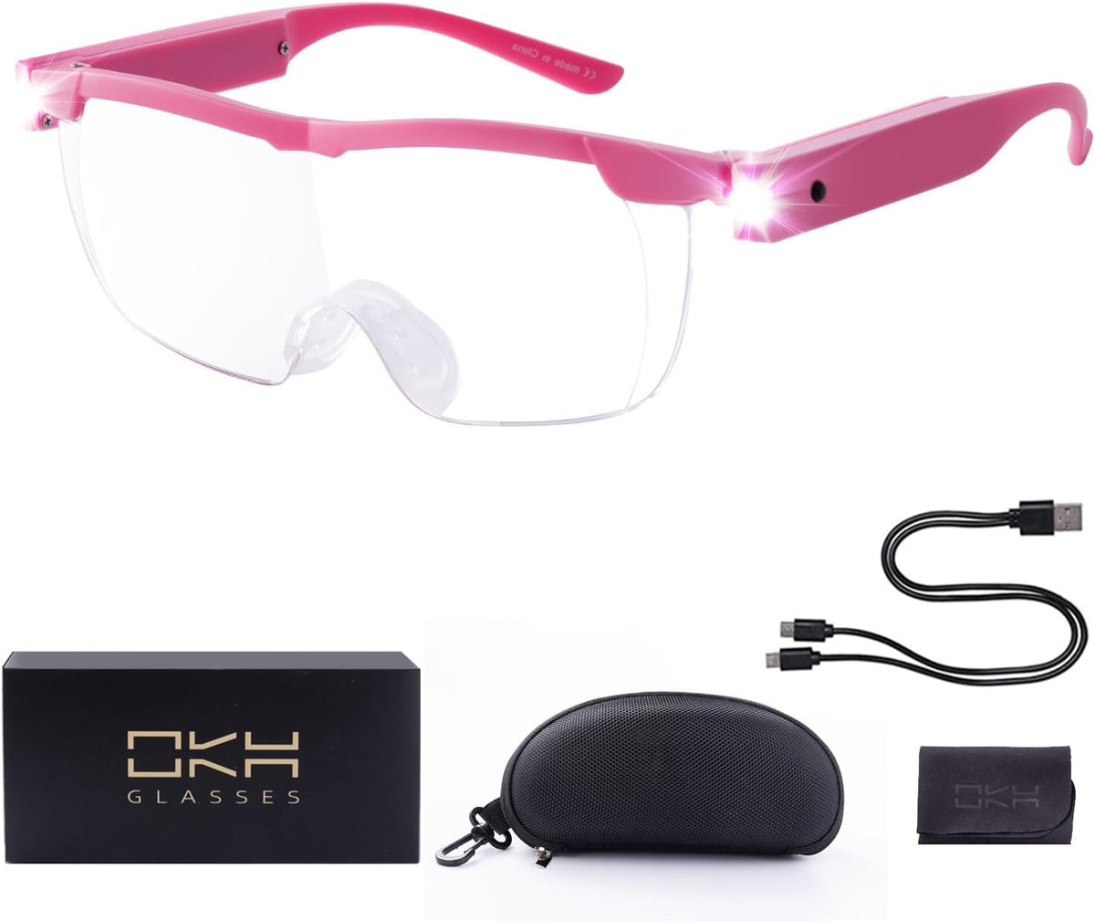 OKH LED Magnifying Glasses – Hands-Free 2X Magnification with USB Rechargeable Lights