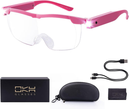 OKH LED Magnifying Glasses – Hands-Free 2X Magnification with USB Rechargeable Lights