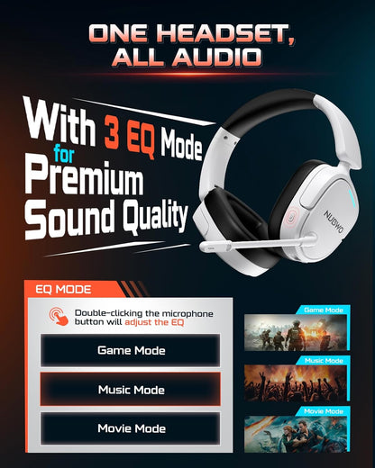 NUBWO Wireless Gaming Headset for PC, PS5, PS4, Connect to Game & Phone Simultaneously (2.4Ghz + Bluetooth), 3 EQ Modes, 50H Battery, PS5 Headset with Mic, Lightweight Foldable Headphones White/Black