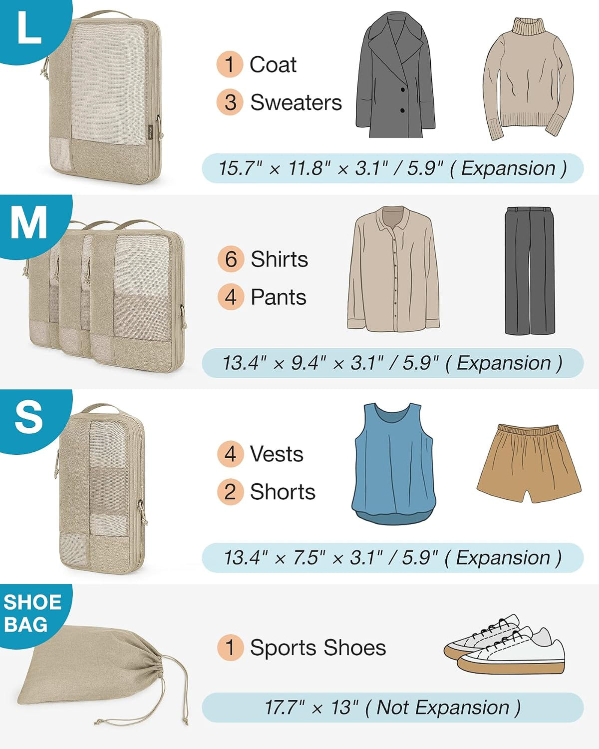 6-Piece Compression Packing Cubes Set – Space-Saving Travel Organizers