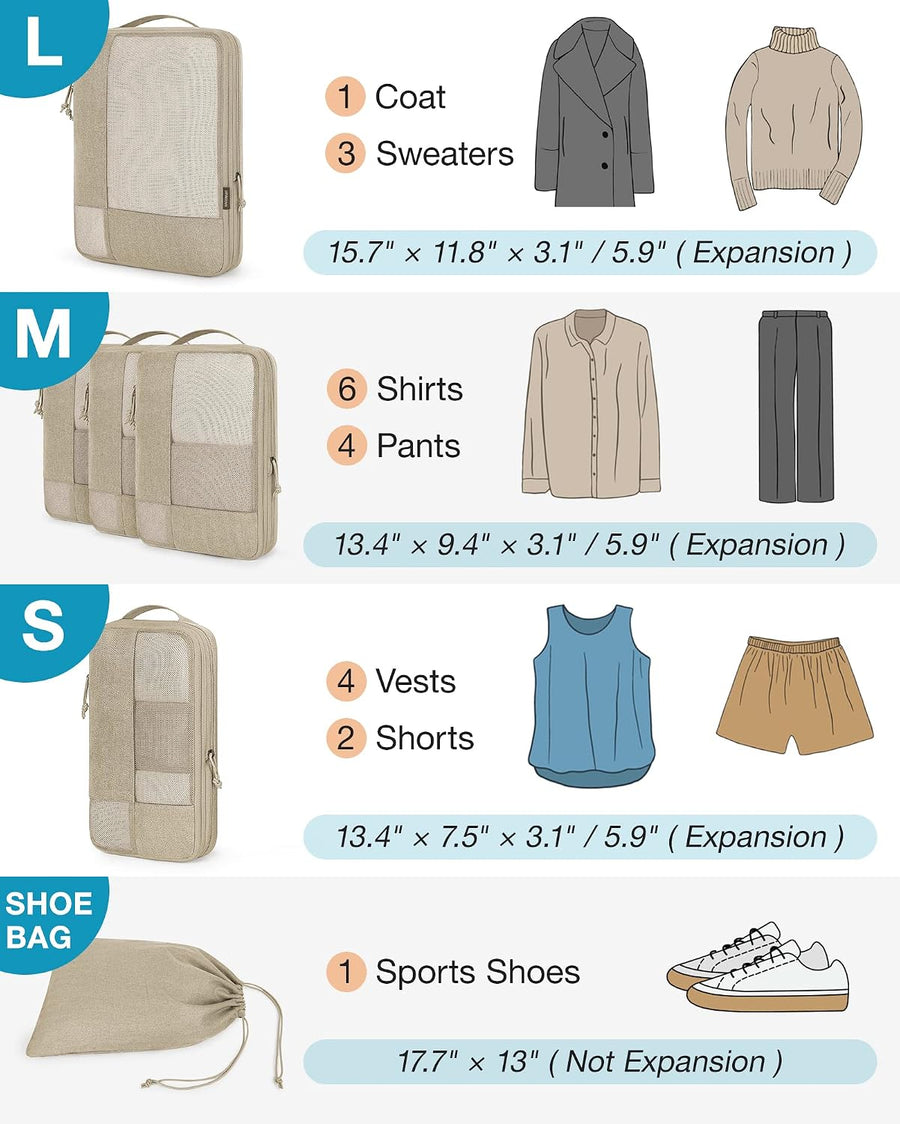 6-Piece Compression Packing Cubes Set – Space-Saving Travel Organizers
