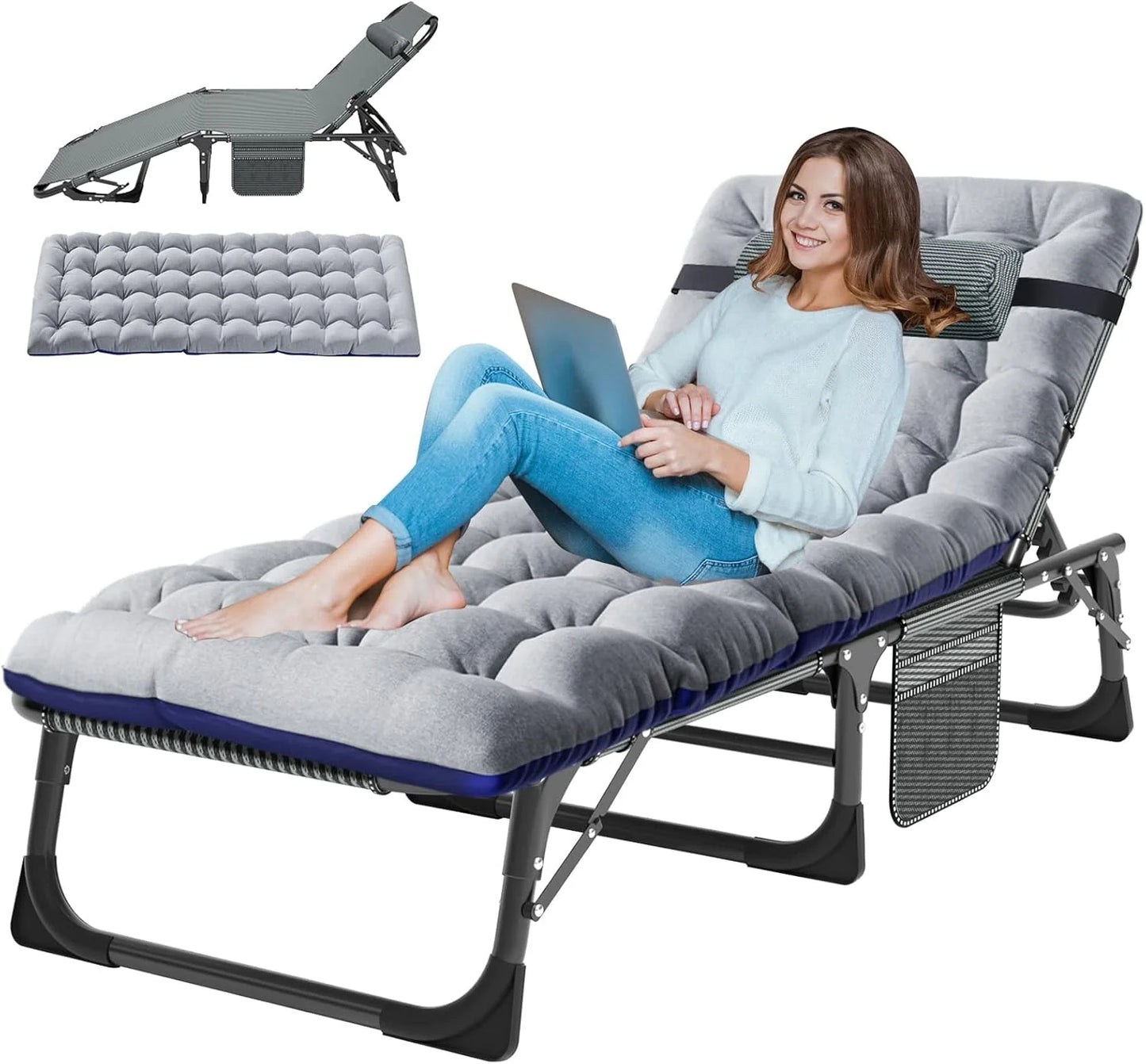 Slsy 3 in 1 Sun Tanning Chair Oversized with Mat & Face Arm Hole, 5-Position Heavy Duty Folding Chaise Outdoor Lounge Chair W/ Pillow, for Beach, Pool, Lawn, Yard, Patio