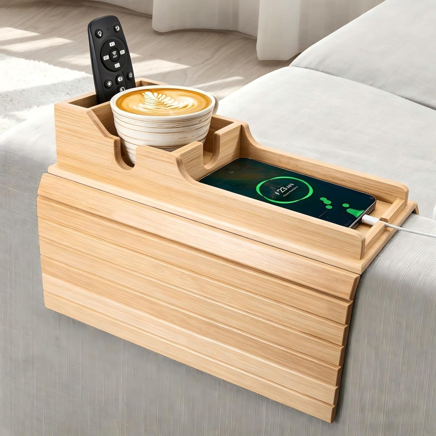 Yoshiky Bamboo Couch Armrest Table, Couch Arm Tray with Removable Couch Cup Holder, 2 in 1 Design Foldable Anti-Slip Bamboo Couch Tray and Sofa Cup Holder for Drink
