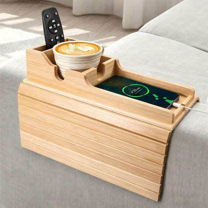 Yoshiky Bamboo Couch Armrest Table, Couch Arm Tray with Removable Couch Cup Holder, 2 in 1 Design Foldable Anti-Slip Bamboo Couch Tray and Sofa Cup Holder for Drink